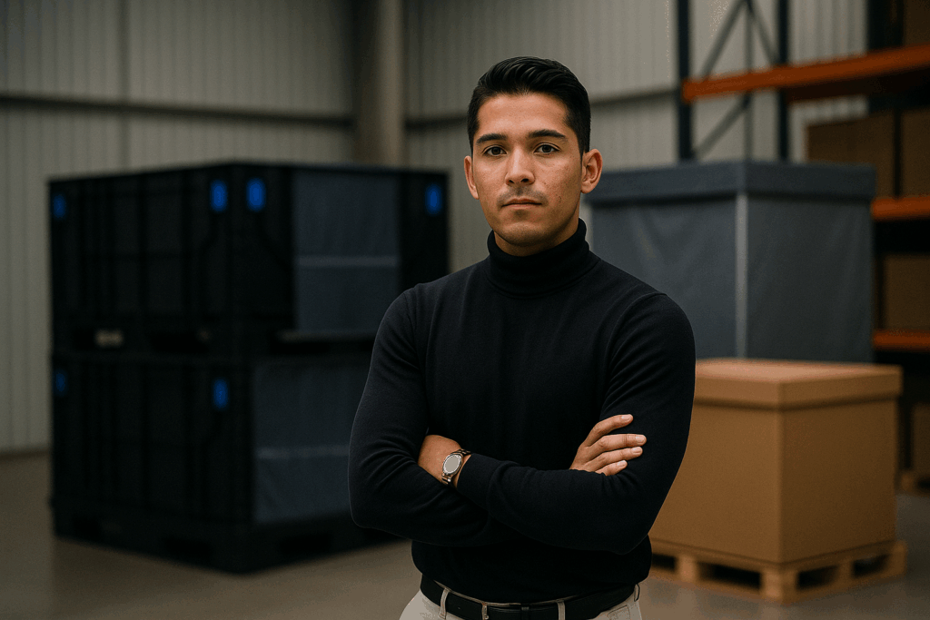 Persona cruzando los brazos con un fondo de cajas de cartón y ropacks